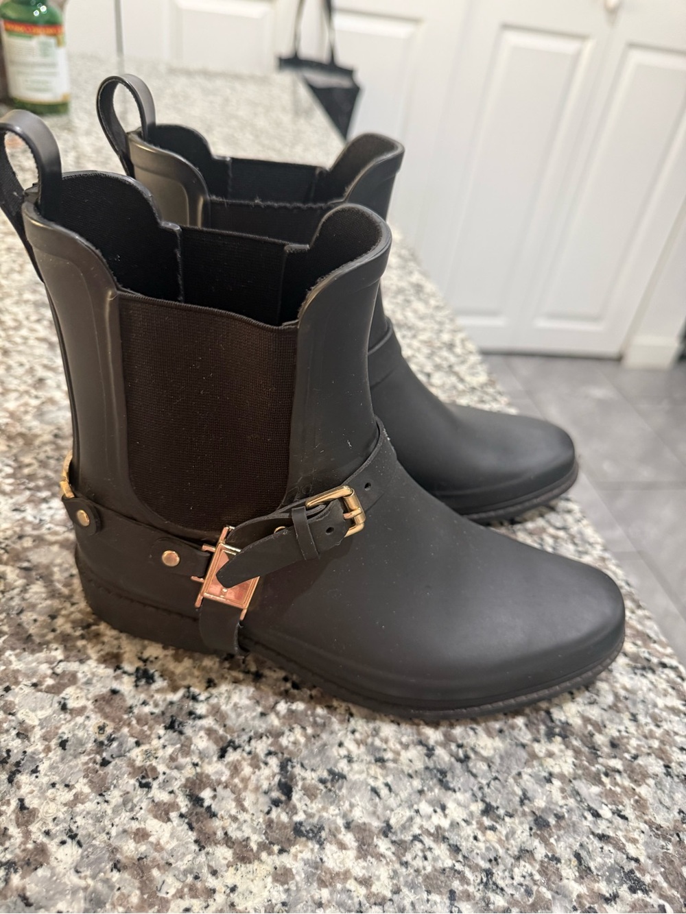 Karl Lagerfeld Paris Black Rain Boots with Gold Hardware